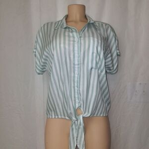 beachlunchlounge Mint and White Striped Button Down Shirt Women Sz M